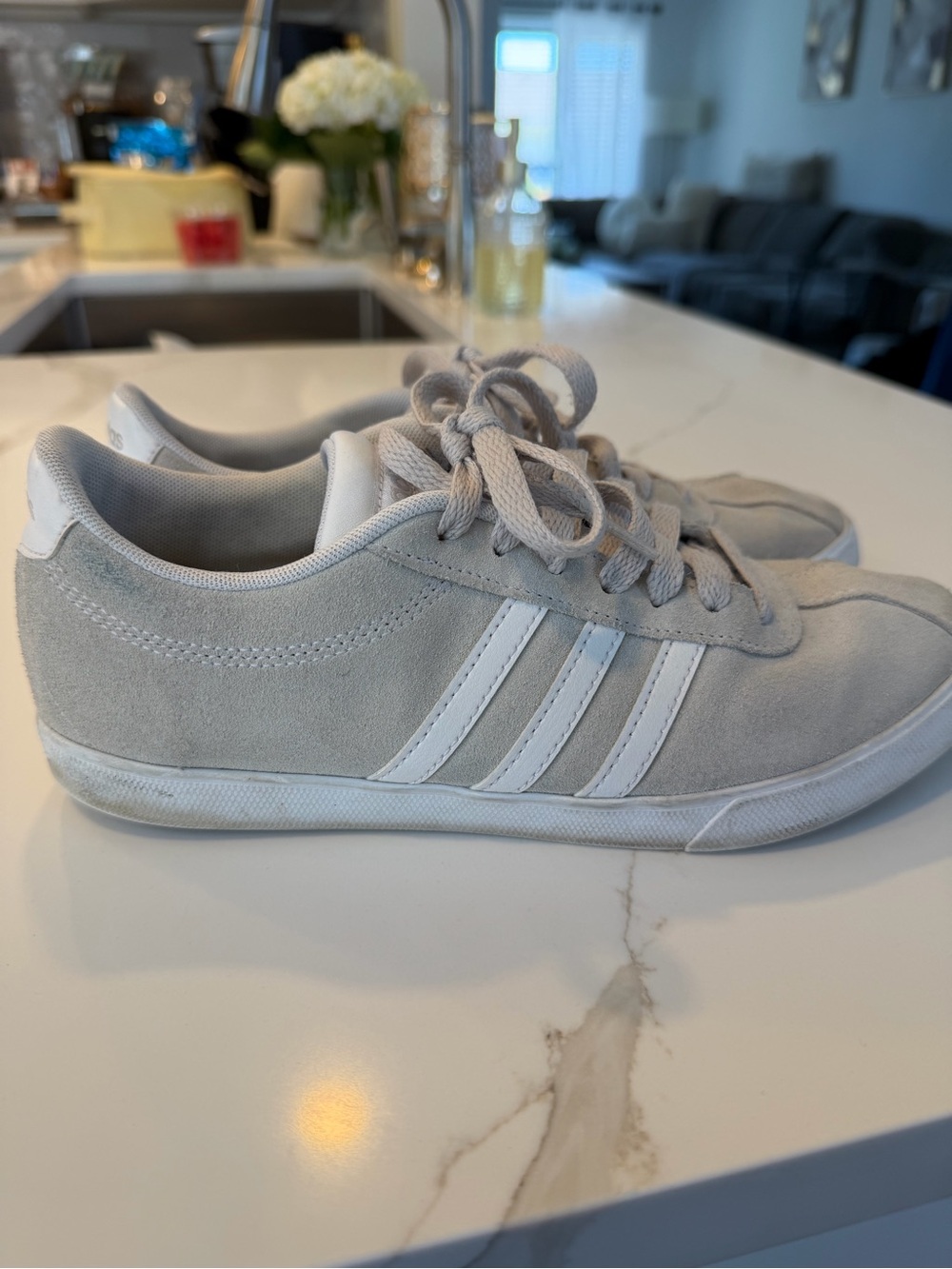 Adidas  Women's Light Gray Suede Sneakers with White Stripes